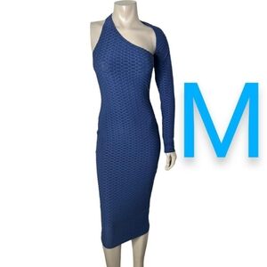 🆕Navy Blue Honeycomb Textured One Shoulder Long Sleeve Cut Out Dress~Size M